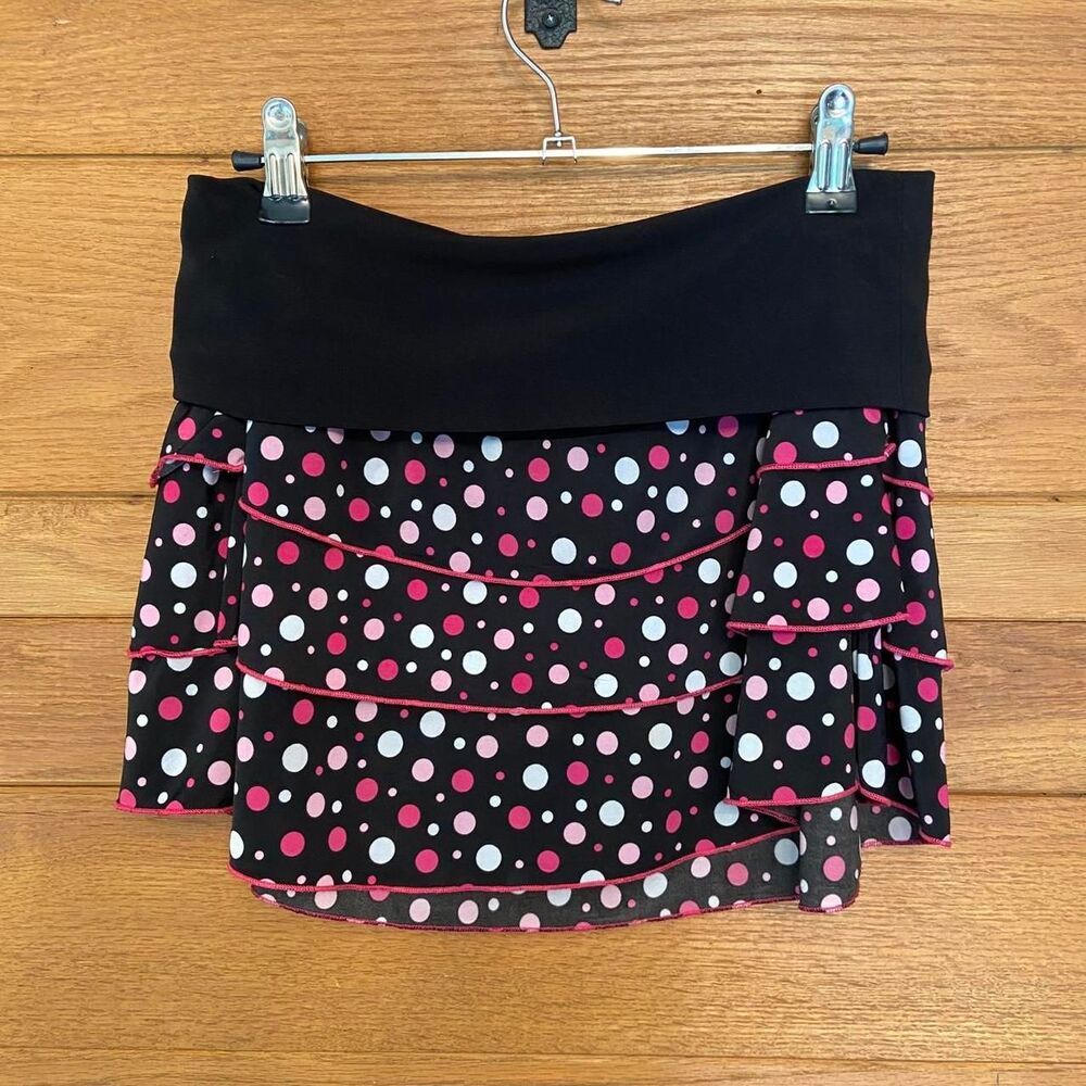 Vintage 90s Y2K polka dot black and pink ruffle micro mini skirt